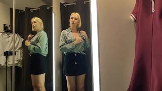 Seducing you in a fitting room. Sexy try on transparent clothes in the fitting room